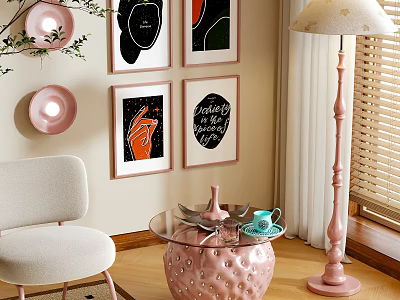 Pink Coffee Table With Glass Top In Living Room With Decorative Posters And Floor Lamp 3d model