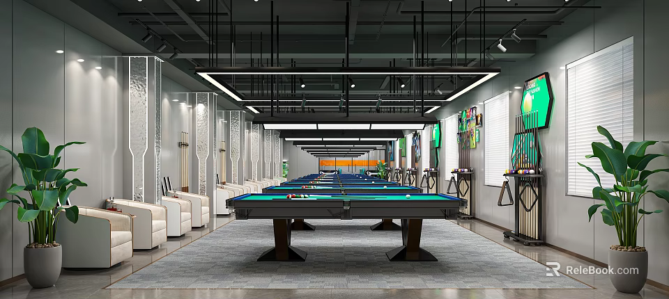 Modern Industrial Style Billiard Room Interior With Pool Tables And Sofas 3d model