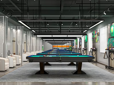 Modern Industrial Style Billiard Room Interior With Pool Tables And Sofas 3d model