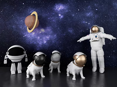 Smart Machine Astronaut And Dogs In Spacesuits Floating Near Saturn Starry Sky 3d model