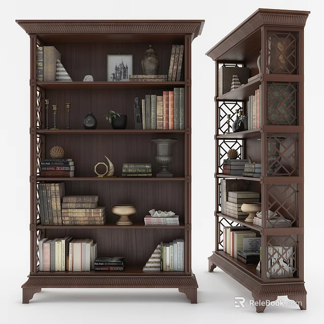 Brown Wooden Bookcases With Multiple Shelves And Decorative Items Books Vase Photo Frame 3d model 