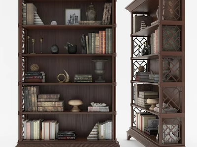 Brown Wooden Bookcases With Multiple Shelves And Decorative Items Books Vase Photo Frame 3d model
