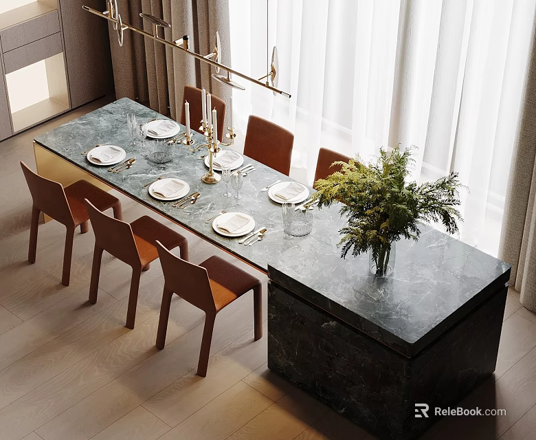 Modern Minimalist Dining Table Set With Marble Top Six Brown Chairs And Decorative Elements 3d model