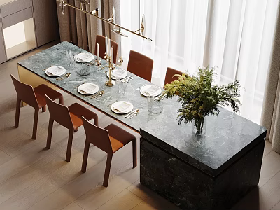 Modern Minimalist Dining Table Set With Marble Top Six Brown Chairs And Decorative Elements 3d model