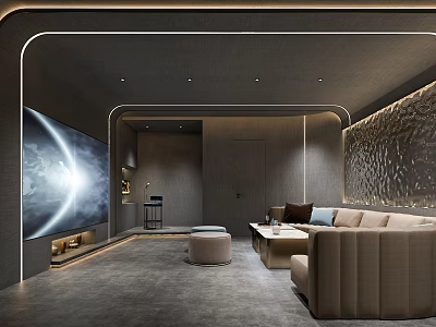 Modern Home Theater Interior With Large Screen TV And Beige Sofa 3d model