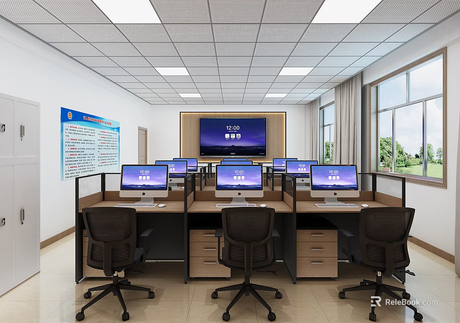 Bright Public Office Area With Multiple Desks Computers Chairs Large Screen And Windows 3d model