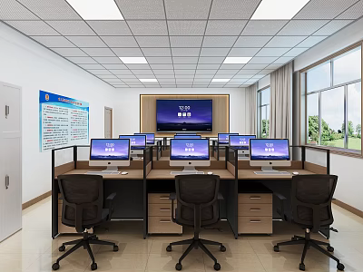 Bright Public Office Area With Multiple Desks Computers Chairs Large Screen And Windows 3d model