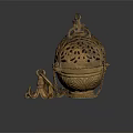 Antique Bronze Hollow Sphere With Intricate Carved Patterns And Decorative Statue Pendant