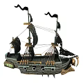 Vintage Wooden Pirate Ship With Tattered Black Sails Skull Ornament And Wooden Deck Details
