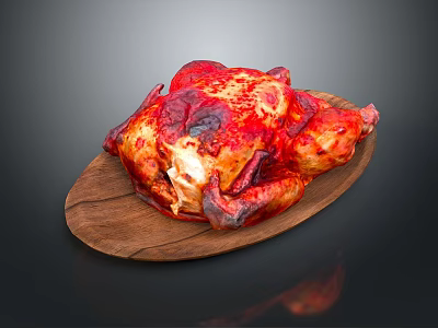 Delicious Juicy Roasted Chicken With Crispy Red Glaze Skin Served On Wooden Platter 3d model