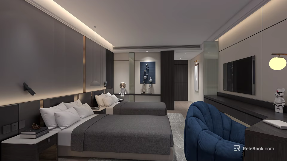 Elegant Modern Hotel Room With Twin Gray Beds Blue Sofa And Wall TV 3d model 