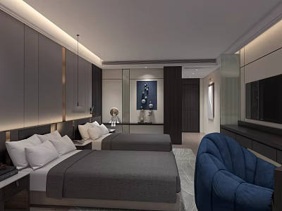 Elegant Modern Hotel Room With Twin Gray Beds Blue Sofa And Wall TV 3d model