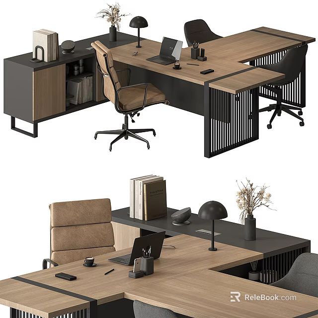 Modern Office Desk Setup With Chair Laptop Books Lamp And Decor 3d model 