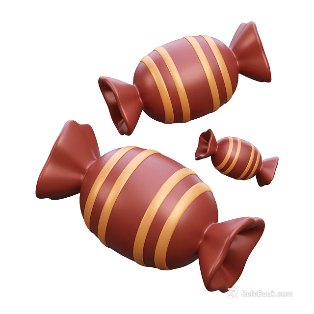 Delicious Brown Candy With Yellow Stripes In Various Sizes And Shapes 3d model 