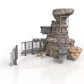 Medieval Fortress Scene Structure With Rock Tower Metal Gate And Staircase