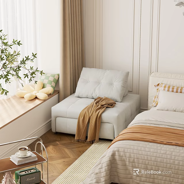 Cozy Bedroom With Window Seat Padded Cushion Brown Blanket Bed Pillows Green Plant Wooden Floor 3d model 