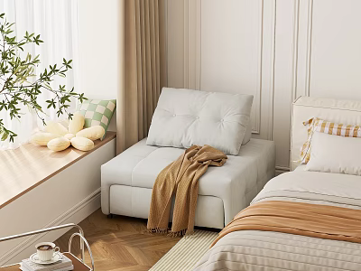 Cozy Bedroom With Window Seat Padded Cushion Brown Blanket Bed Pillows Green Plant Wooden Floor 3d model