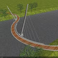 Modern Curved Bridge With Wooden Deck And Metal Structure Spanning River Amidst Greenery And Trees
