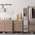 Modern Entryway Cabinet and Side Cabinet with Wicker Doors Coat Rack Mirror and Decorative Vases