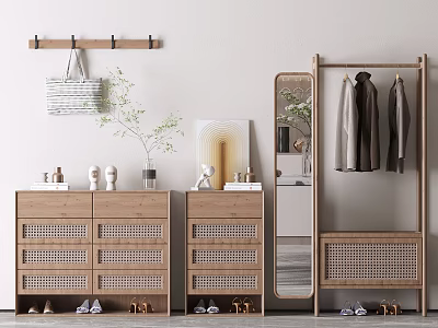 Modern Entryway Cabinet and Side Cabinet with Wicker Doors Coat Rack Mirror and Decorative Vases 3d model