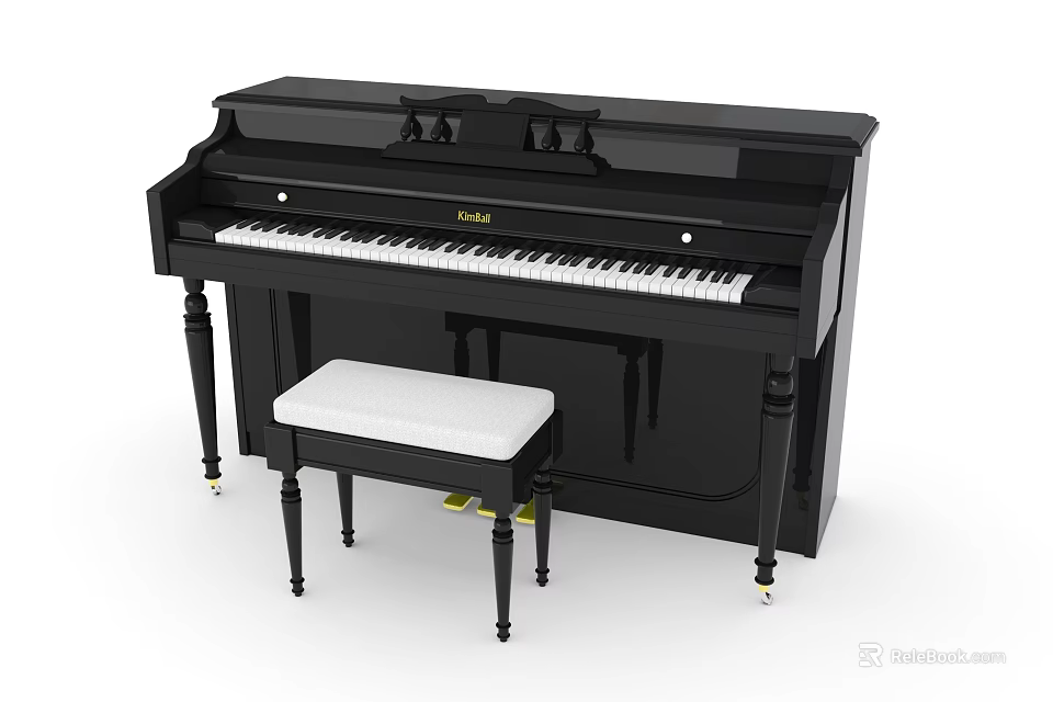 Classic Black Upright Piano Musical Instrument With White Bench And Smooth Surface 3d model 