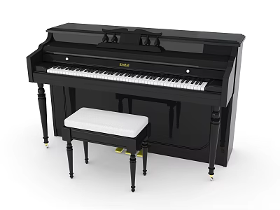 Classic Black Upright Piano Musical Instrument With White Bench And Smooth Surface 3d model
