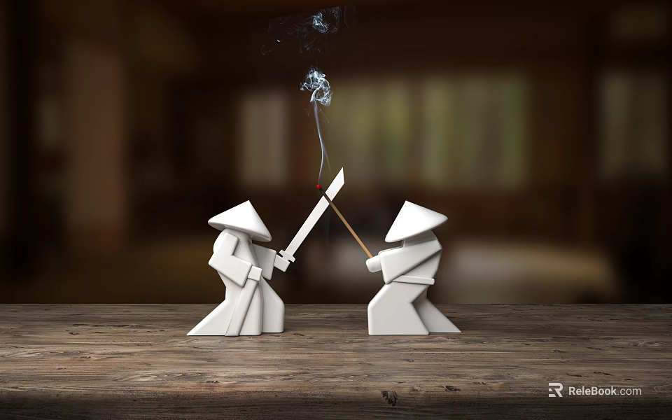 Traditional Ceramic Tea Set With Bamboo Hat Figurines On Wooden Table And Smoke 3d model 