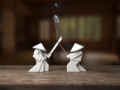 Traditional Ceramic Tea Set With Bamboo Hat Figurines On Wooden Table And Smoke 3d model