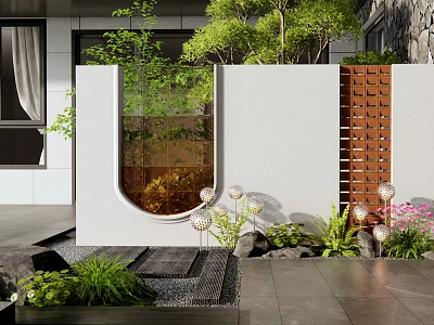 Modern Outdoor Feature Wall Design With Glass Insert And Wooden Lattice And Surrounding Greenery 3d model