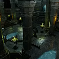 Ancient Stone Temple Chamber with Tall Columns Steps and Burning Torches