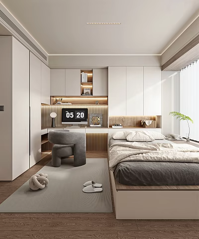 Modern Tatami Bedroom Interior Design With Storage Cabinets And Minimalist Decor 3d model