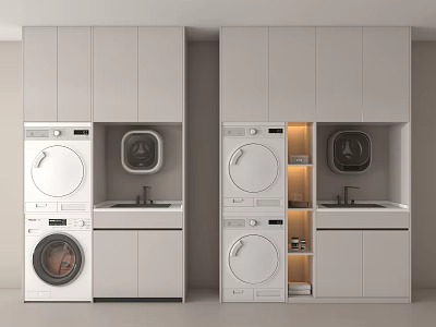 Modern Bathroom Cabinet With Washer Dryer And Sink Open Shelves And Interior Lighting Design 3d model