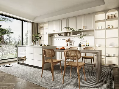 Modern Restaurant Interior With Wooden Dining Table Chairs Large Window Plants And Shelves 3d model