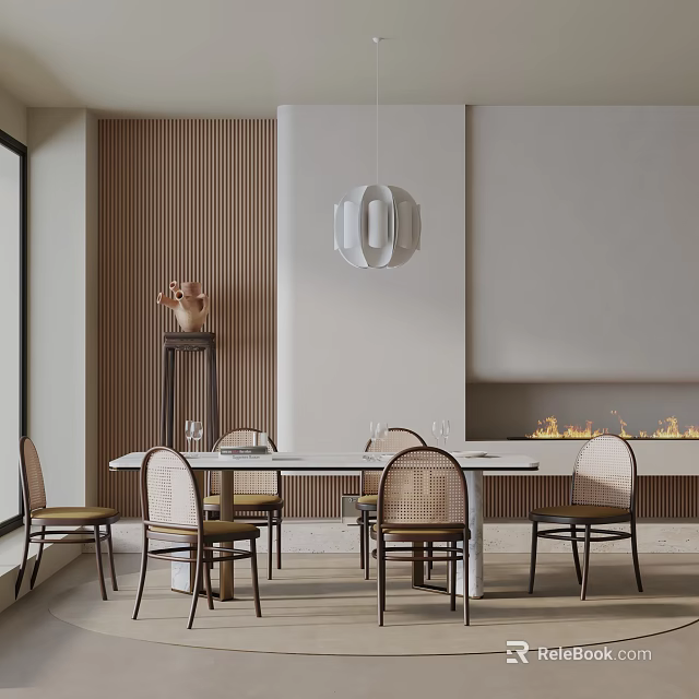 Modern Dining Table Set With Rattan Back Chairs And Fireplace Near Wooden Panel Wall 3d model 