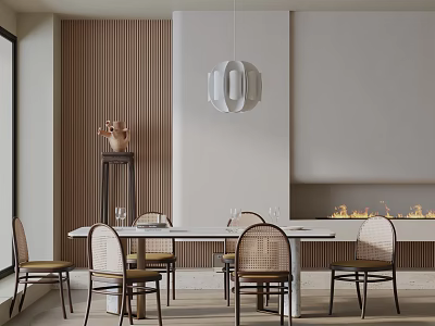 Modern Dining Table Set With Rattan Back Chairs And Fireplace Near Wooden Panel Wall 3d model