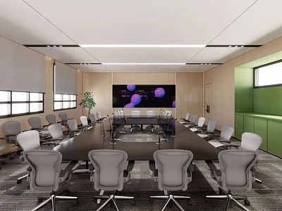Modern Conference Room With Long Table Gray Chairs Large Screen Windows And Lighting 3d model