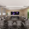 Modern Conference Room With Long Table Gray Chairs Large Screen Windows And Lighting