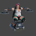 Punk Woman In Striped Vest Riding Hover Motorcycle With Pink Headscarf And Heart Knee Pads