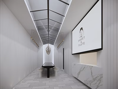 Modern Bubble Tea Shop Interior Design With White Walls Marble Bar Counter And Pendant Lights 3d model
