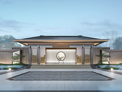 Traditional Chinese Entrance Gate Featuring Classic Roof Symmetrical Design And Front Steps With Surrounding Greenery 3d model