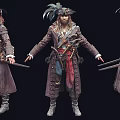 Pirate Character With Feathered Hat Long Coat Swords And Three Quarter Front Back Views