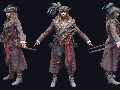 Pirate Character With Feathered Hat Long Coat Swords And Three Quarter Front Back Views 3d model