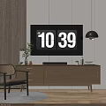Modern Wooden TV Stand With Digital Clock Pendant Light Chair And Decorations