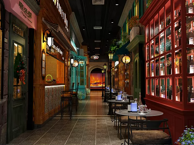 Charming Commercial Street with Colorful Storefronts Vintage Lanterns Tables Chairs and Greenery 3d model