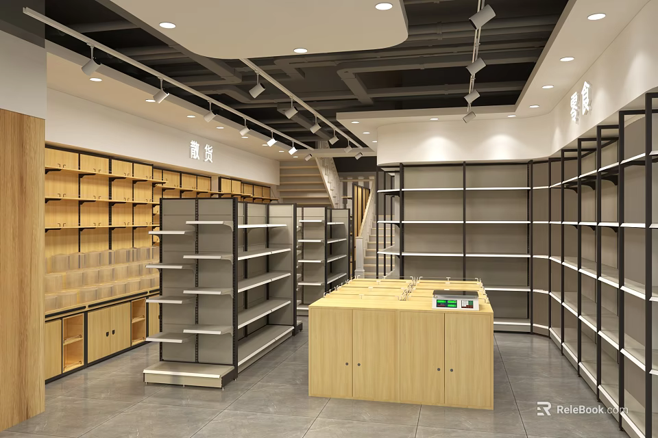 Supermarket Department Store Interior With Metal Shelves And Wooden Display Cabinets 3d model 