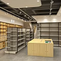 Supermarket Department Store Interior With Metal Shelves And Wooden Display Cabinets