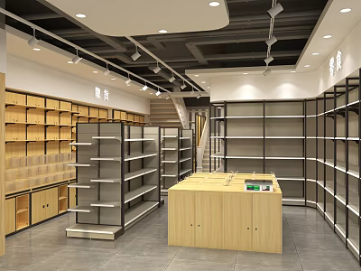 Supermarket Department Store Interior With Metal Shelves And Wooden Display Cabinets 3d model