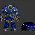 Blue Mechanical Robot Standing Next to Blue Car on Reflective Surface 3d model