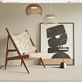 Modern Leisure Chair With Wooden Frame White Plush Seat Abstract Art And Woven Pendant Lights