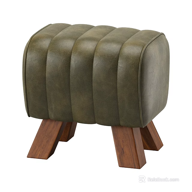 Dark Green Ottoman with Quilted Stitched Surface and Solid Wooden Legs Modern Home Decor Furniture 3d model 